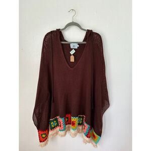 Judith March Brown Granny Square Hem Brown Hooded Crochet Poncho - Free Size